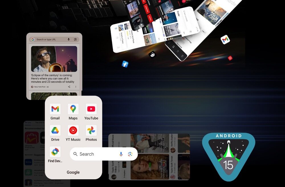 Obraz przedstawia interfejs użytkownika z ikonami aplikacji takimi jak Gmail, Maps, YouTube, Drive, YT Music, Photos oraz wyszukiwarką Google. W prawym dolnym rogu widoczne jest logo Android 15 w kształcie trójkąta z rakietą.