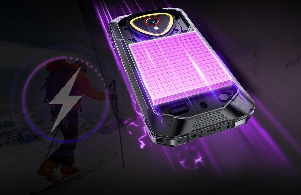 Obraz przedstawia smartfon z widocznym podświetlonym wnętrzem i efektem świetlnym w kolorze fioletowym. Po lewej stronie znajduje się symbol błyskawicy w okręgu.