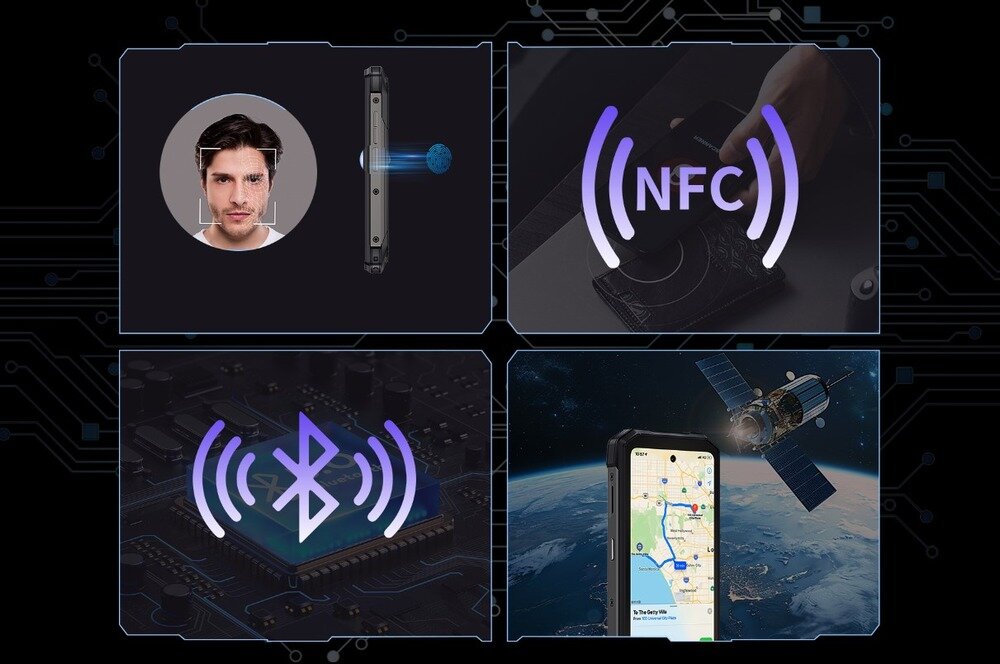 Obraz przedstawia cztery grafiki związane z funkcjami smartfona. Widać rozpoznawanie twarzy, NFC, Bluetooth oraz nawigację GPS z satelitą.