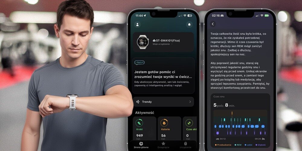 Mężczyzna patrzy na smartwatch na nadgarstku, a obok widoczne są dwa ekrany smartfona z aplikacją monitorującą aktywność fizyczną i sen. Na ekranach widoczne są dane dotyczące kroków, kalorii, czasu aktywności oraz analiza snu.