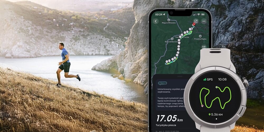 Na obrazie widać osobę biegnącą w górzystym terenie oraz smartfon i smartwatch z wyświetlonymi trasami GPS. Na ekranie smartfona widoczny jest tekst: \'17.05 km Turystyka piesza\'.