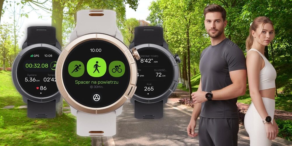 Na obrazie widoczne są trzy smartwatche z różnymi ekranami, pokazujące dane takie jak czas, dystans i kalorie. W tle znajduje się para ubrana w sportowe stroje, stojąca na ścieżce w parku.