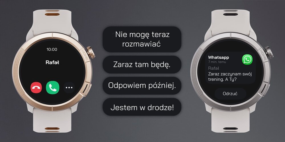 Dwa smartwatche z okrągłymi tarczami, jeden wyświetla połączenie od \'Rafał\', a drugi wiadomość z WhatsApp od \'Rafał\'. Obok znajdują się cztery przyciski z tekstami: \'Nie mogę teraz rozmawiać\', \'Zaraz tam będę\', \'Odpowiem później\', \'Jestem w drodze!\'.