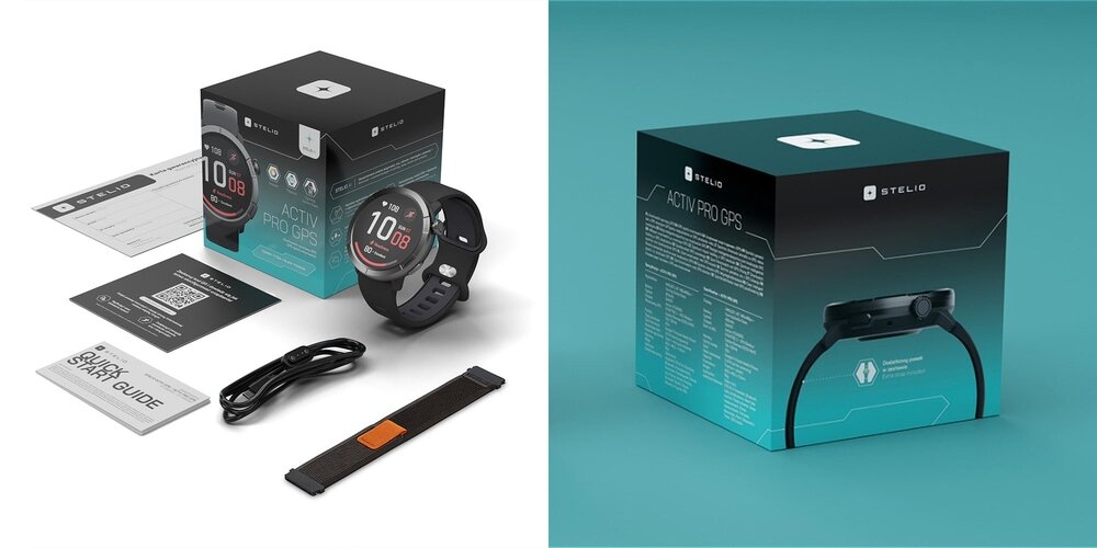 Na obrazie widoczny jest smartwatch z okrągłym wyświetlaczem, obok którego znajdują się pudełko, przewód, dodatkowy pasek oraz instrukcje. Pudełko ma napis \'STELIO ACTIV PRO GPS\' i przedstawia grafikę zegarka.