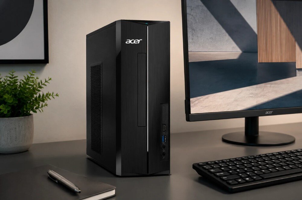 Komputer ACER Aspire XC-1710 Komputer stacjonarny stoi na biurku obok monitora i klawiatury