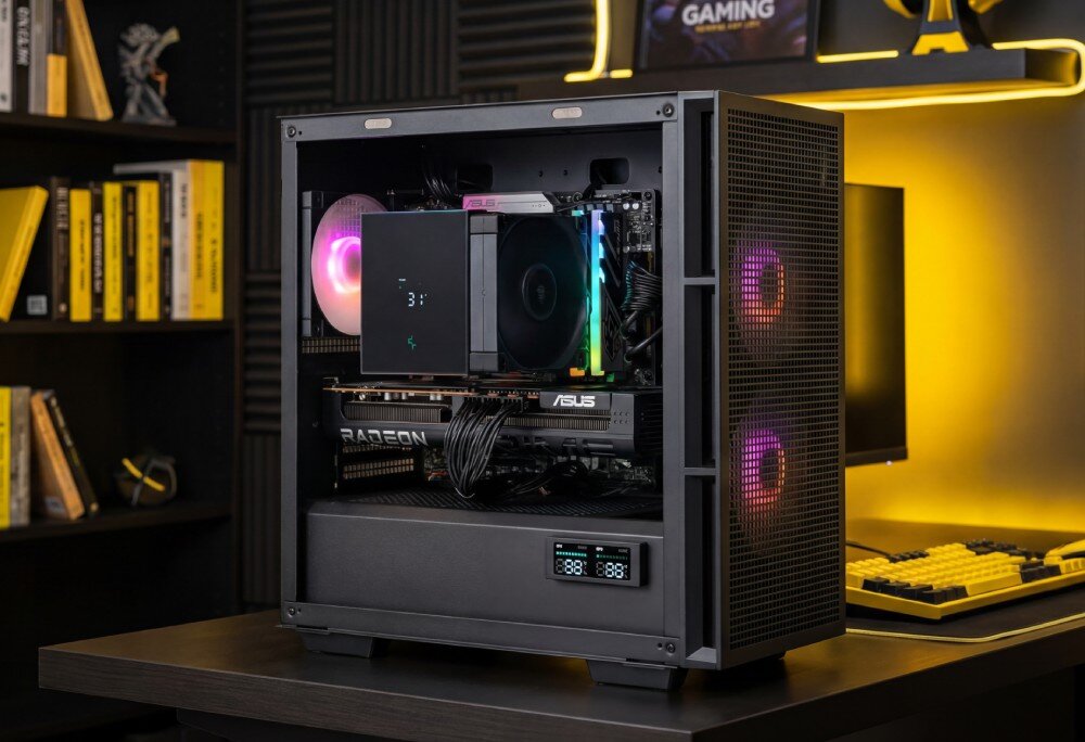 Komputer MAD DOG Powered By Asus DEEPCOOL360-U02DR32 Pionowa obudowa komputerowa z przeszklonymi panelami, przez które widać podświetlone komponenty wewnętrzne, umieszczona na tle falistych smug światła, opis