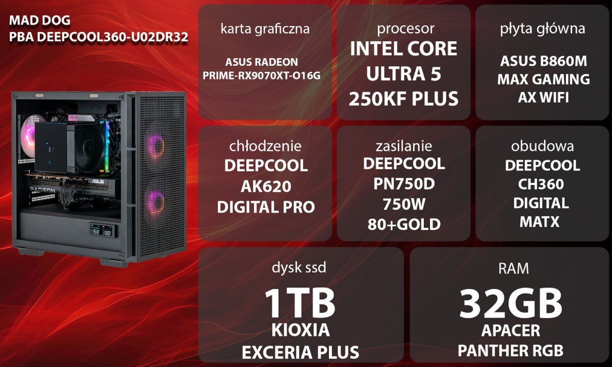 Obraz przedstawia komputer z widocznymi podzespołami oraz specyfikacją techniczną. Specyfikacja obejmuje m.in. procesor Intel Core Ultra 5 250KF Plus, kartę graficzną ASUS Radeon PRIME-RX9070XT-016G, 32GB RAM APACER Panther RGB oraz dysk SSD 1TB KIOXIA Exceria Plus.
