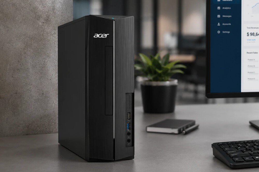 Komputer ACER Aspire XC-1710 Komputer w biurowym otoczeniu stoi na blacie obok monitora