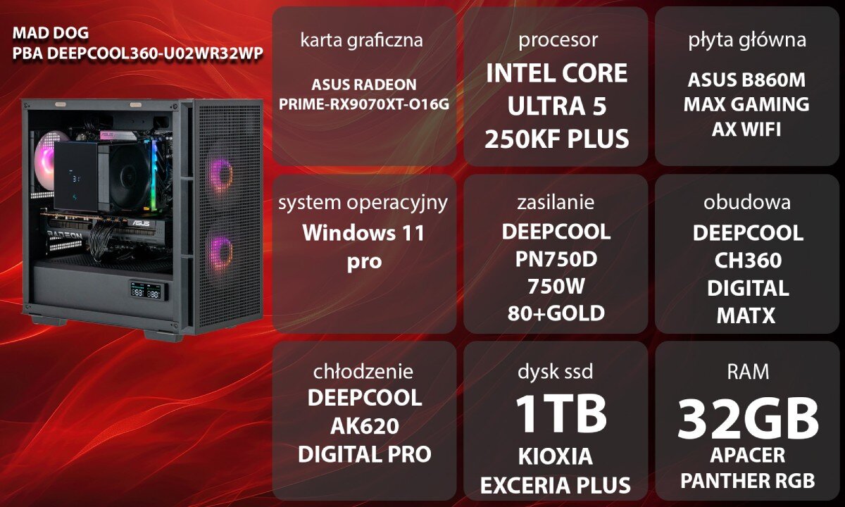 Obraz przedstawia komputer z widocznymi podzespołami oraz specyfikacją techniczną. Specyfikacja obejmuje m.in. kartę graficzną ASUS RADEON PRIME-RX9070XT-O16G, procesor INTEL CORE ULTRA 5 250KF PLUS, 32GB RAM APACER PANTHER RGB, oraz system operacyjny Windows 11 pro.