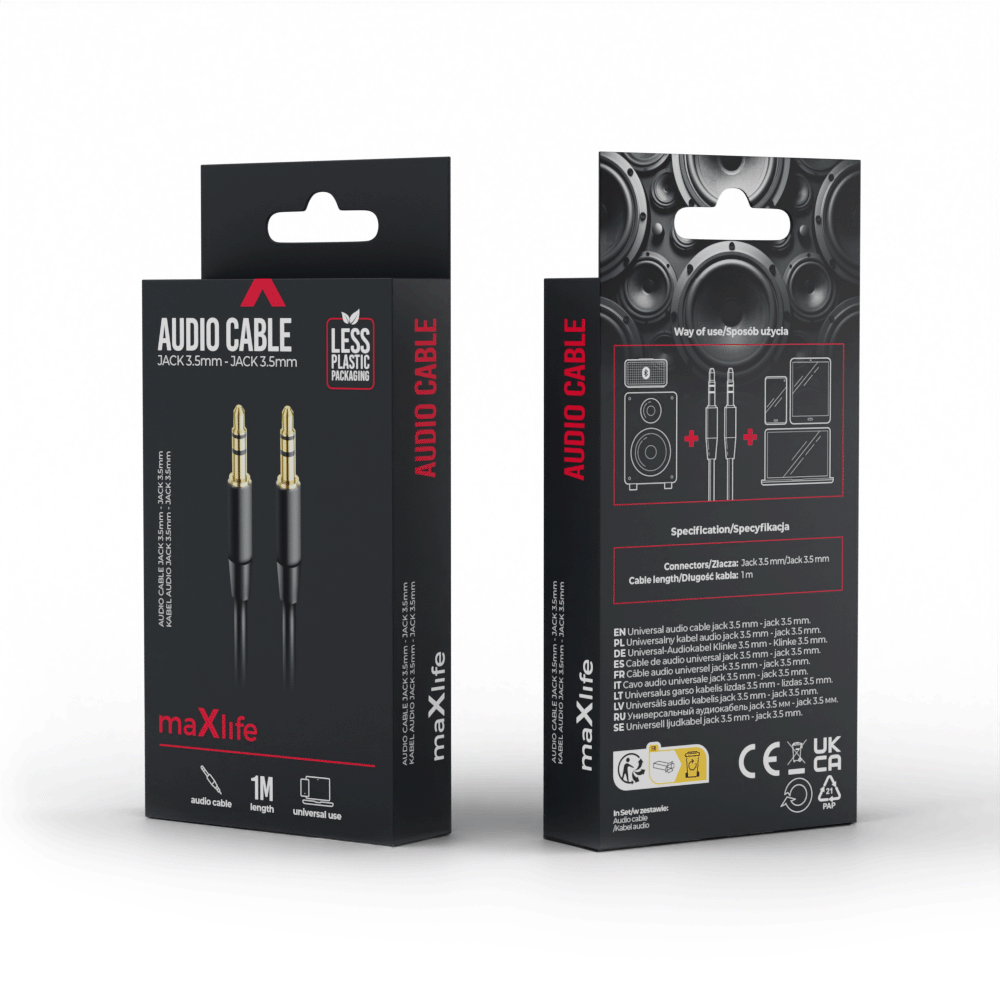 Opakowanie czarnego kabla audio Jack 3,5 mm - Jack 3,5 mm o długości 1 m z logo \'maXlife\'. Na opakowaniu widnieje napis \'AUDIO CABLE\' oraz informacje o specyfikacji i zastosowaniu kabla.