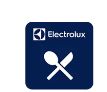 Niebieska ikona z białym logo Electrolux oraz symbolami łyżki i noża.