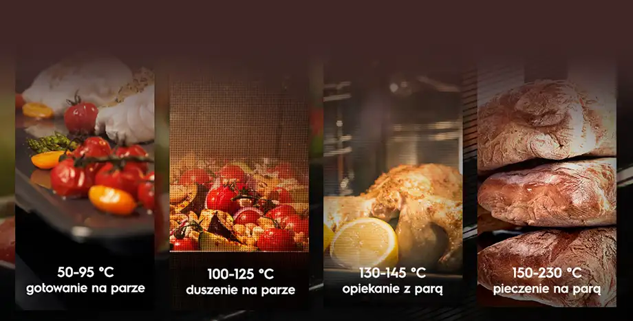 Obraz przedstawia cztery sekcje z różnymi potrawami i temperaturami gotowania: 50-95°C gotowanie na parze, 100-125°C duszenie na parze, 130-145°C opiekanie z parą, 150-230°C pieczenie na parze. Każda sekcja zawiera zdjęcie potrawy i opis temperatury oraz metody przygotowania.