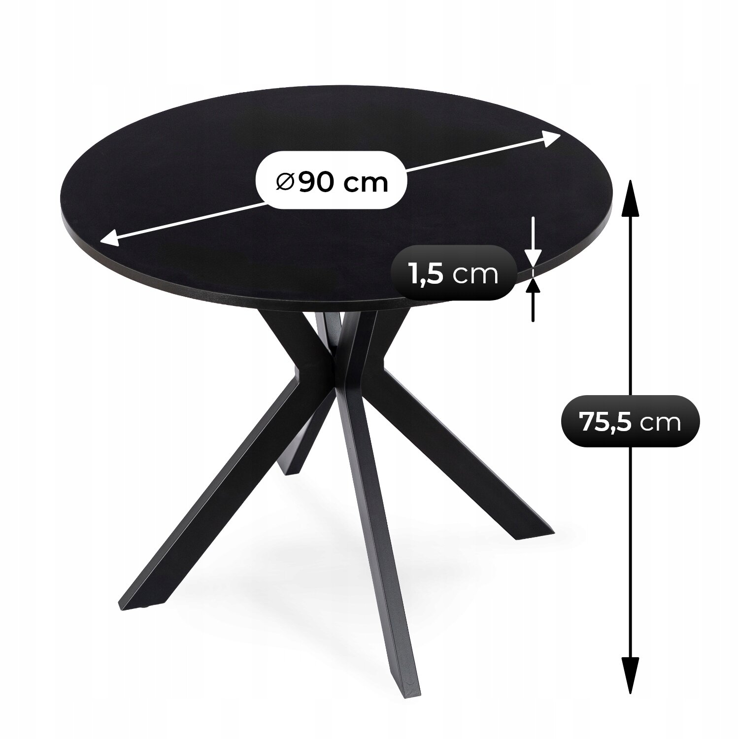 Czarny okrągły stół o średnicy 90 cm i grubości blatu 1,5 cm, z wysokością całkowitą 75,5 cm. Stół posiada solidne, krzyżujące się nogi.