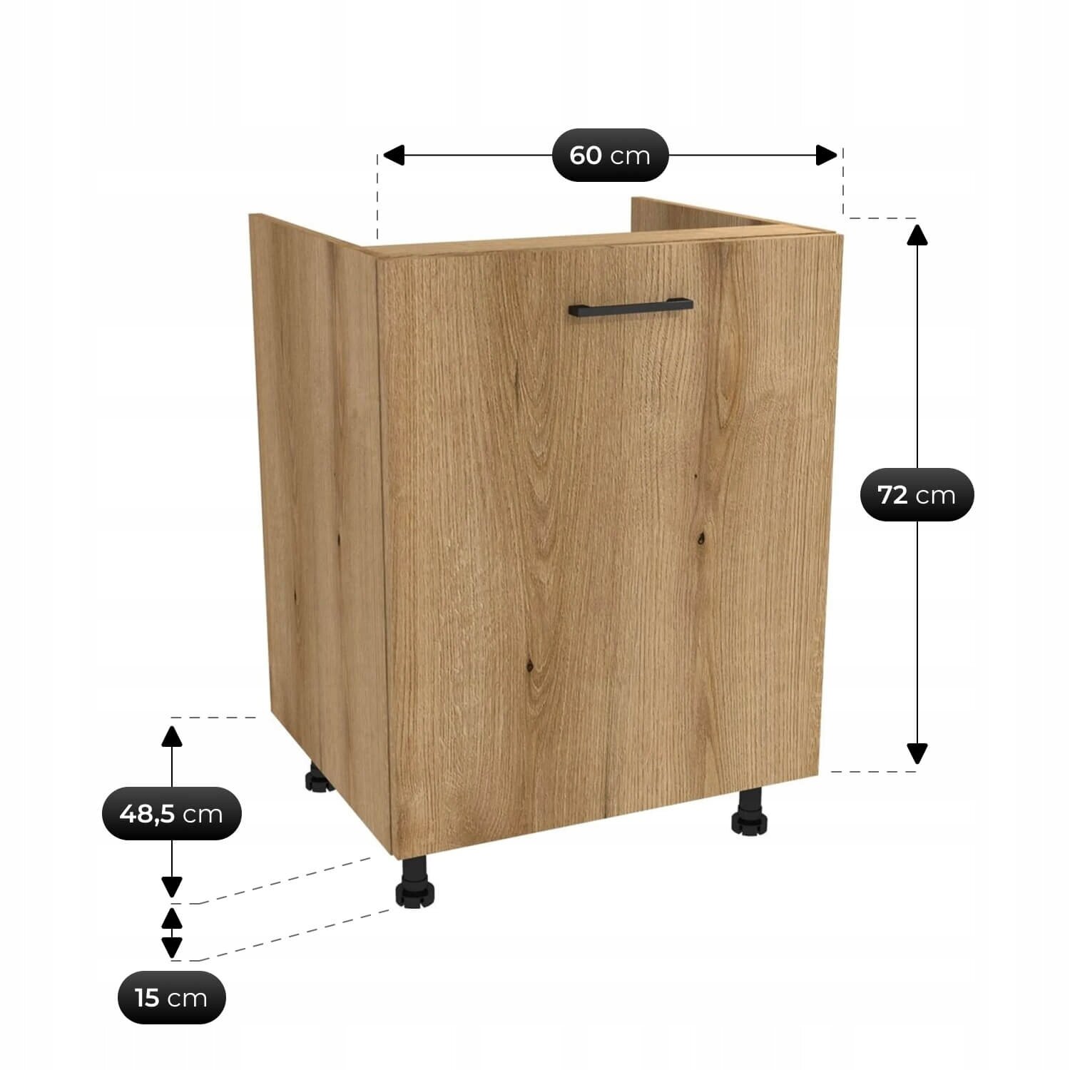 Szafka kuchenna z drewna o wymiarach 60 cm szerokości, 72 cm wysokości i 48,5 cm głębokości, z czarnym uchwytem na drzwiach. Nogi szafki mają wysokość 15 cm.