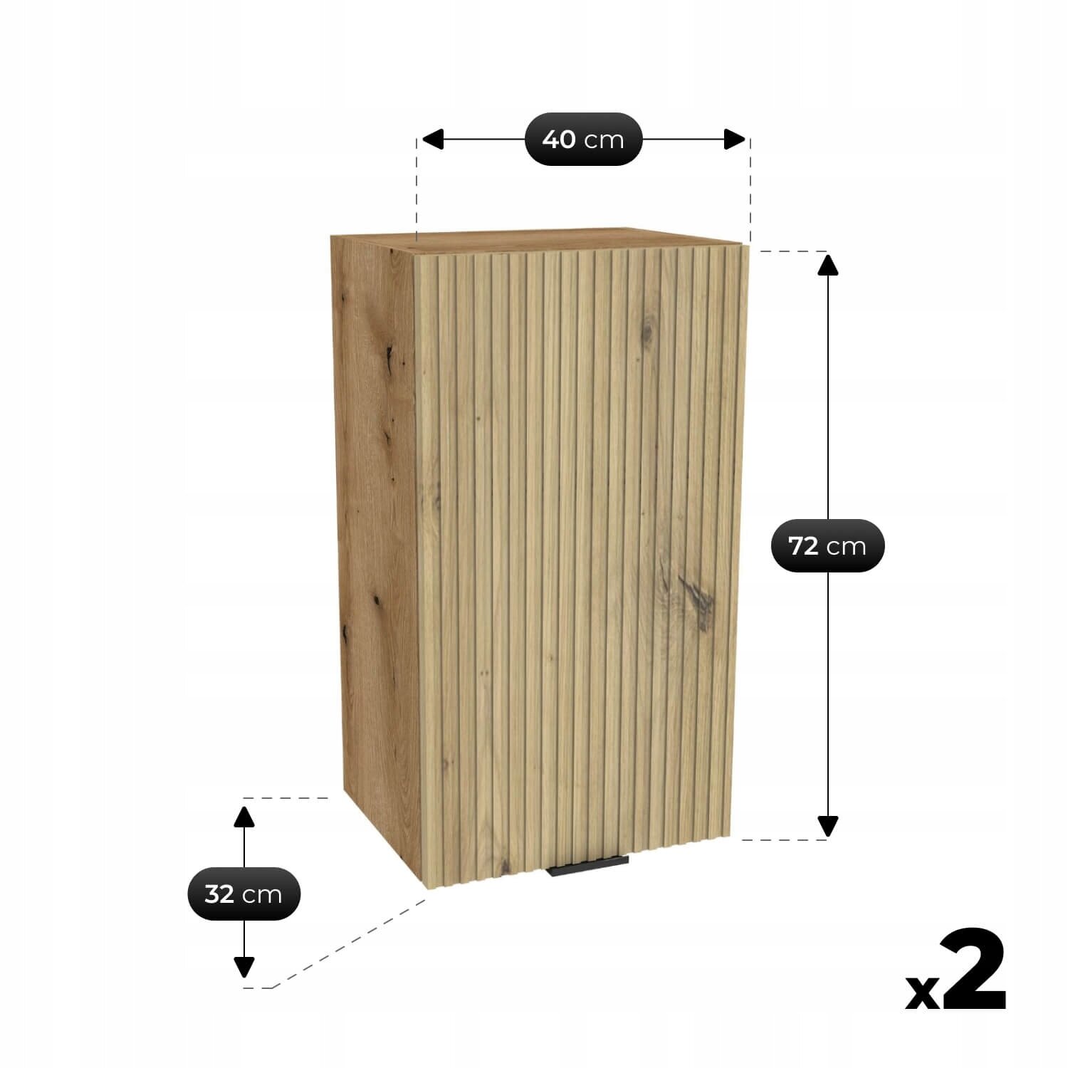 Drewniana szafka z pionowymi żłobieniami, o wymiarach 40 cm szerokości, 72 cm wysokości i 32 cm głębokości. Obok szafki widnieje oznaczenie \'x2\'.
