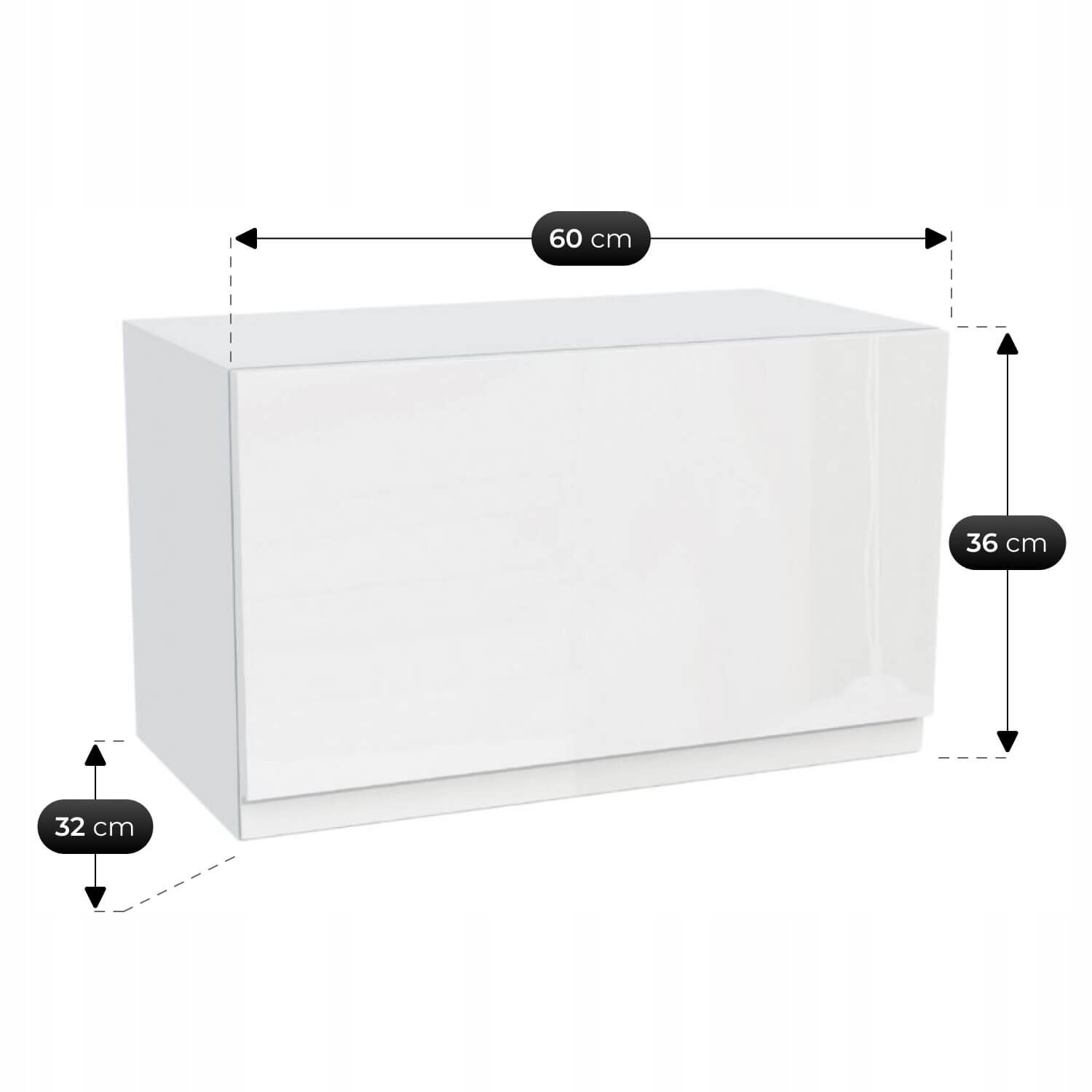 Biała, połyskująca szafka kuchenna o wymiarach 60 cm szerokości, 36 cm wysokości i 32 cm głębokości. Szafka ma prostokątny kształt i gładką powierzchnię.