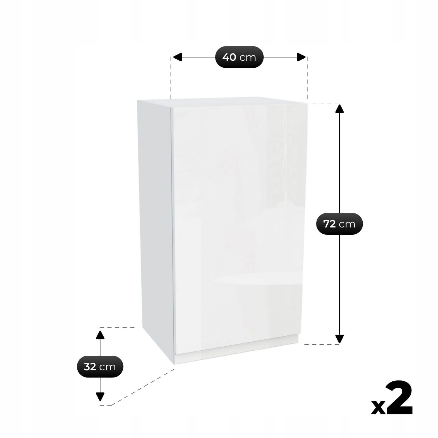 Biała szafka kuchenna o wymiarach 40 cm szerokości, 72 cm wysokości i 32 cm głębokości. Obok szafki widnieje oznaczenie \'x2\'.
