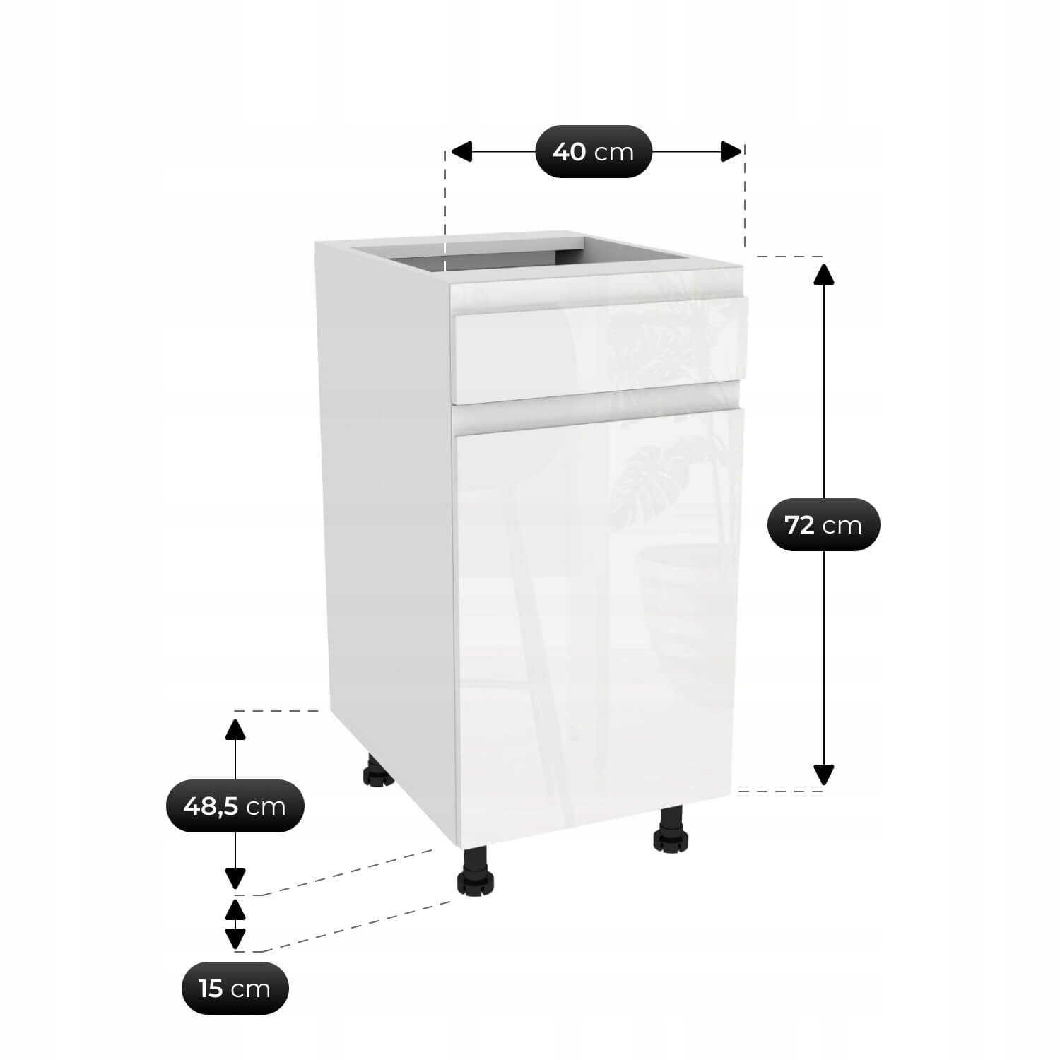 Biała, połyskująca szafka kuchenna z jedną szufladą i drzwiczkami, o wymiarach 40 cm szerokości, 72 cm wysokości i 48,5 cm głębokości. Szafka stoi na czterech regulowanych nóżkach o wysokości 15 cm.