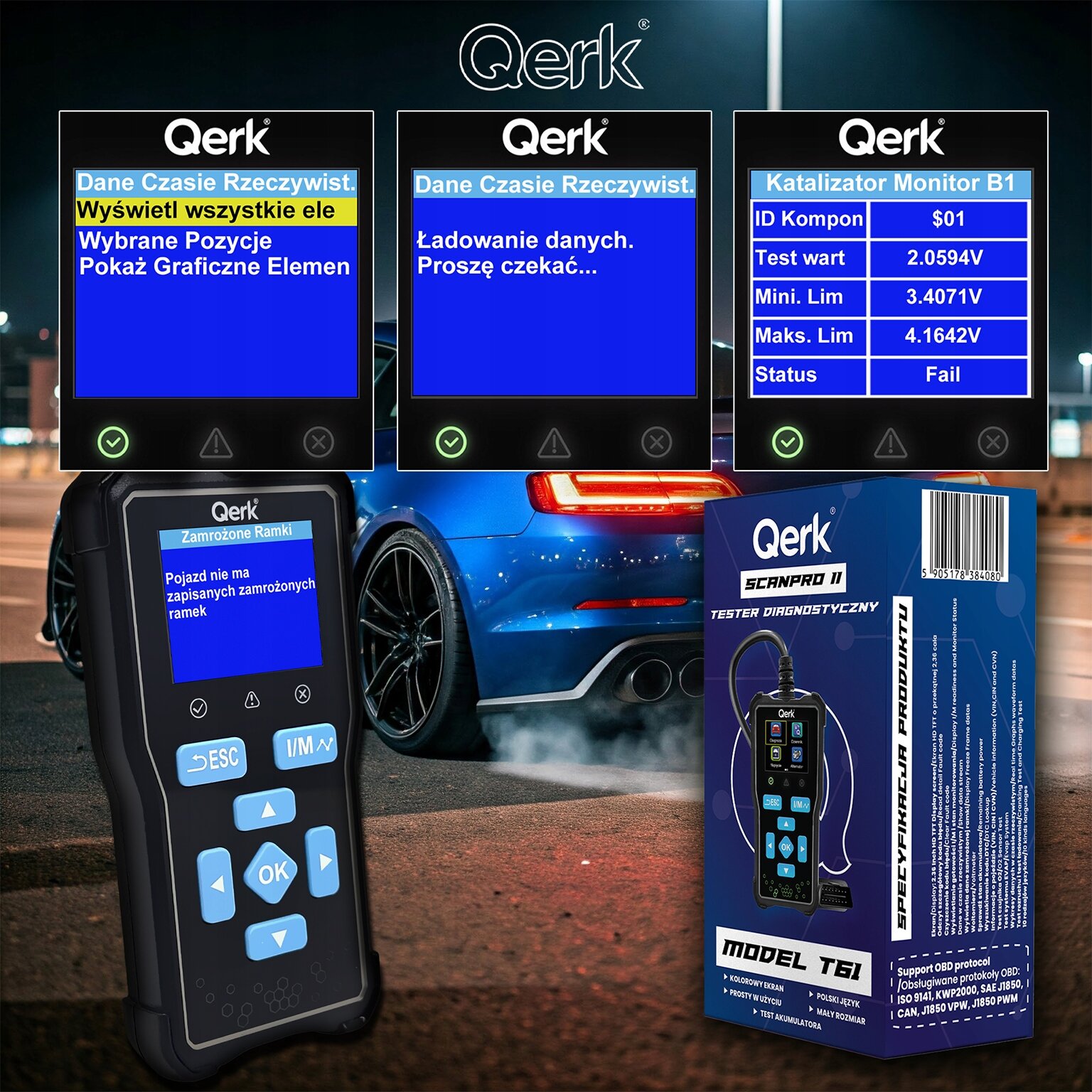 Obraz przedstawia interfejs diagnostyczny OBD marki Qerk z wyświetlaczami pokazującymi różne dane diagnostyczne oraz opakowanie produktu z napisem \'Qerk ScanPro II Tester Diagnostyczny Model T61\'. W tle widoczny jest samochód sportowy.