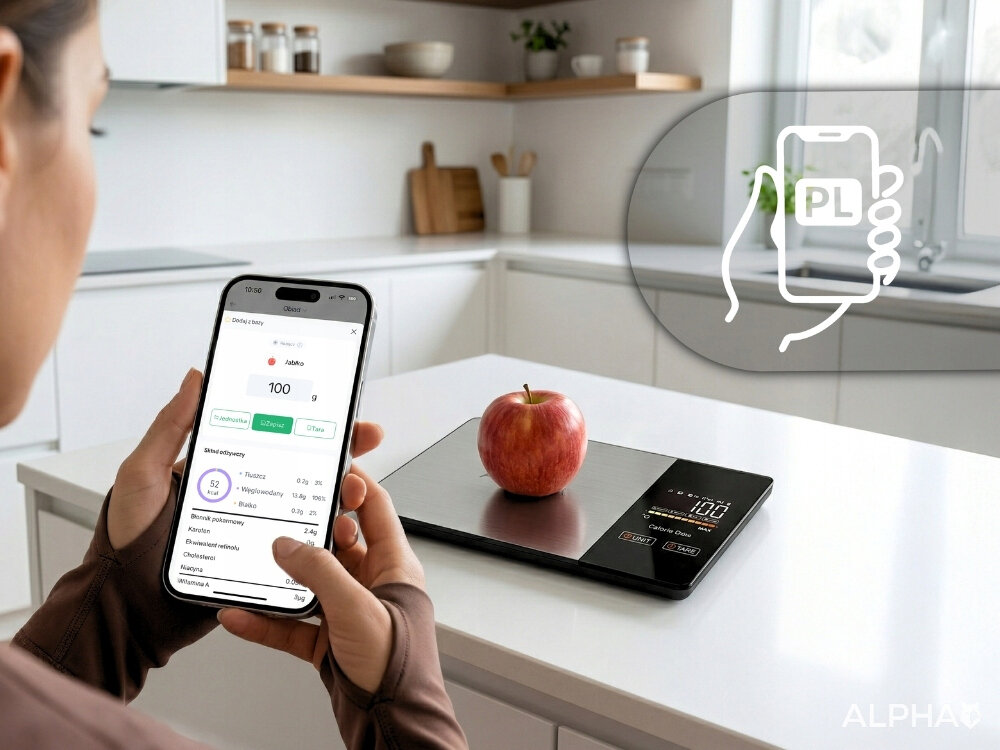 Osoba trzyma smartfon z aplikacją pokazującą wagę 100 g, a na blacie kuchennym znajduje się waga kuchenna z jabłkiem na platformie. W prawym dolnym rogu widoczne jest logo ALPHA.