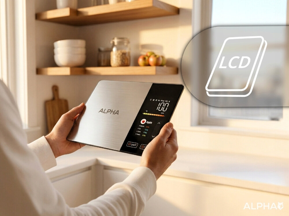 Osoba trzyma wagę kuchenną z wyświetlaczem LCD, na którym widoczne są cyfry i ikony. W tle znajduje się kuchnia z półkami i oknem, a na obrazie widnieje napis \'ALPHA\'.