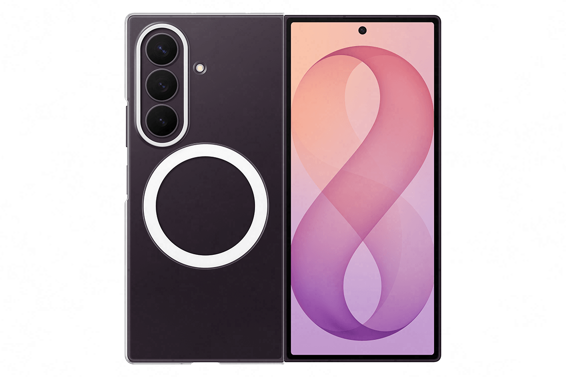 Galaxy Z Fold8 Ultra z nałożonym przezroczystym magnetycznym etui Obraz przedstawia przezroczyste etui na telefon z widocznym okrągłym wzorem na tylnej części. Obok znajduje się ekran telefonu z wyświetlonym gradientowym tłem w kształcie cyfry 8.