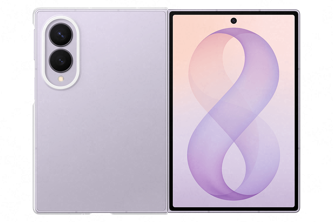 Smartfon Galaxy Z Fold8 z nałożonym przezroczystym etui Obraz przedstawia przezroczyste etui na telefon z widocznymi dwoma obiektywami aparatu. Obok znajduje się ekran telefonu z wyświetlonym dużym, fioletowym numerem 8 na jasnym tle.
