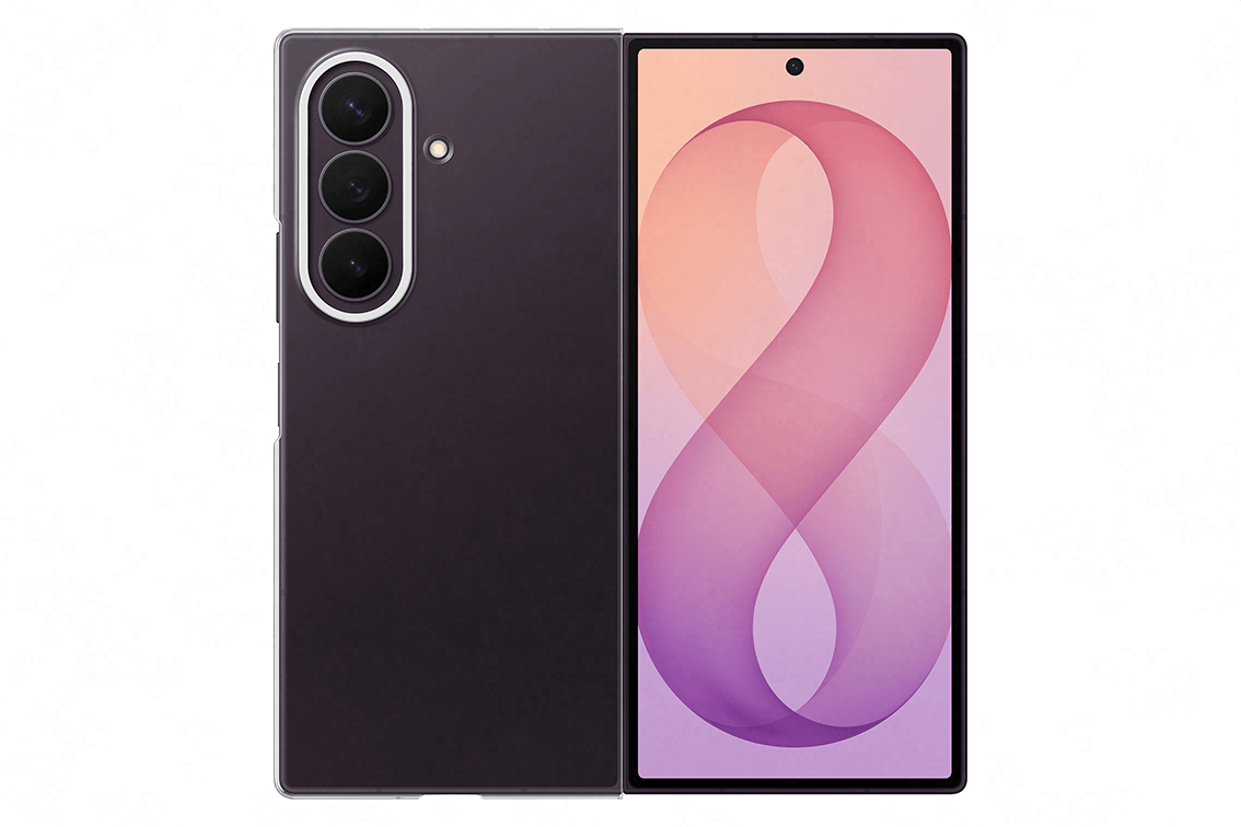 Smartfon Galaxy Z Fold8 Ultra z nałożonym przezroczystym etui Obraz przedstawia smartfon z trzema aparatami z tyłu i dużym ekranem z przodu, na którym widoczna jest grafika z cyfrą osiem. Telefon jest w przezroczystym etui.