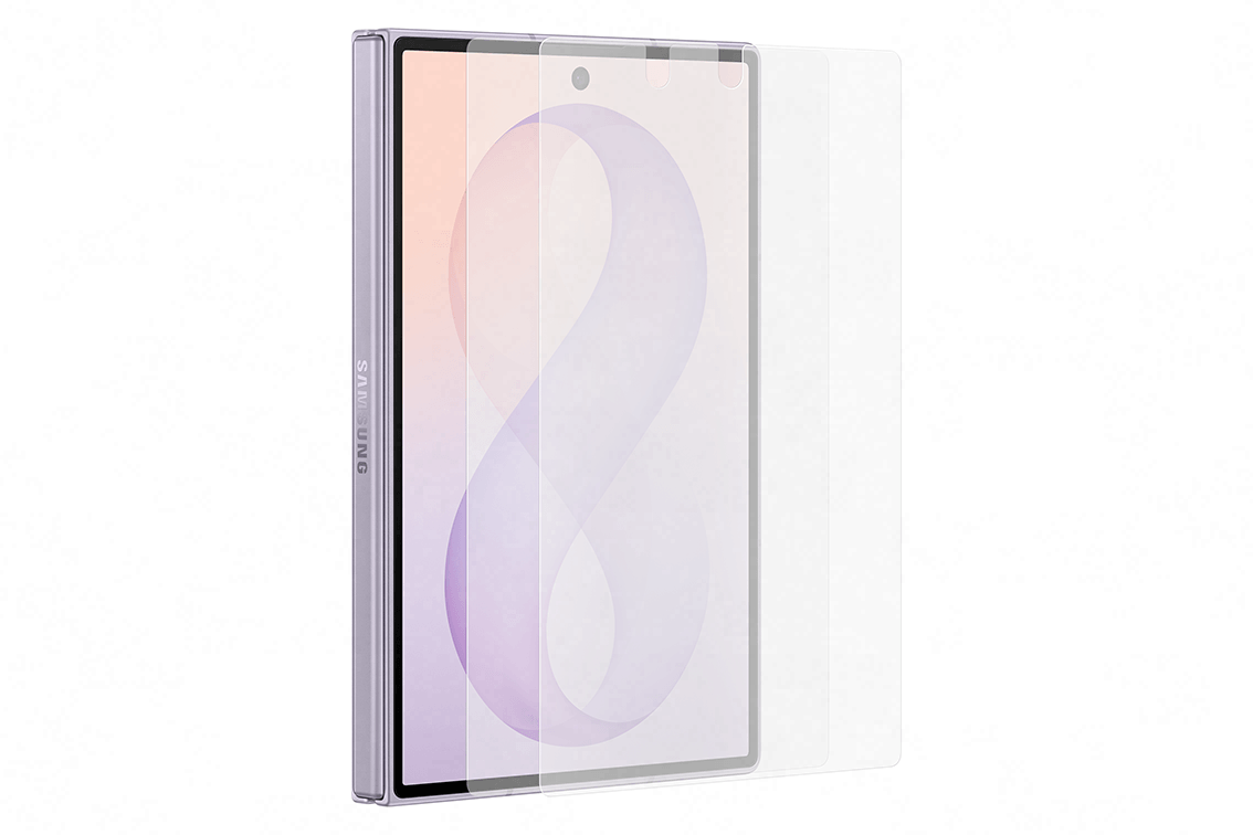 Przezroczysta folia ochronna naklejana na ekran telefonu Galaxy Z Fold8 Obraz przedstawia przezroczystą folię ochronną na ekranie urządzenia mobilnego z widocznym logo \'SAMSUNG\' na boku. Na ekranie wyświetlona jest liczba osiem na jasnym tle.