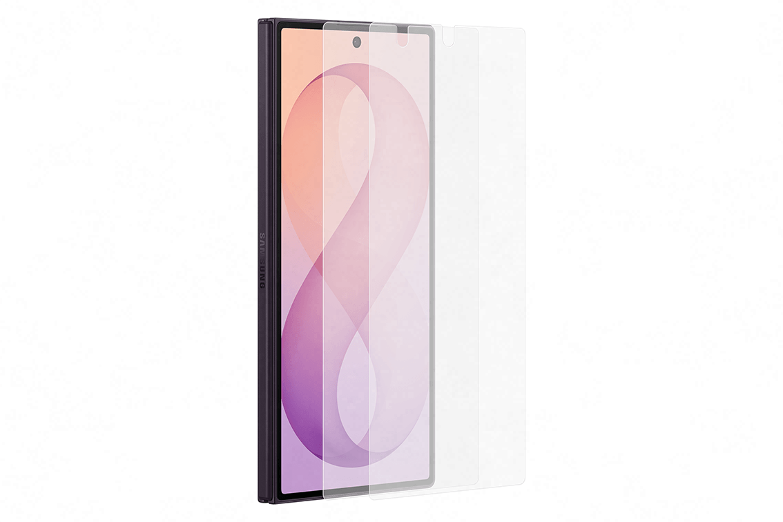 Przezroczysta folia ochronna naklejana na ekran telefonu Galaxy Z Fold8 Ultra Obraz przedstawia przezroczystą folię ochronną na ekran telefonu z widocznym logo \'SAMSUNG\' na boku urządzenia. Na ekranie telefonu widoczna jest grafika z dużą cyfrą 8 na gradientowym tle.