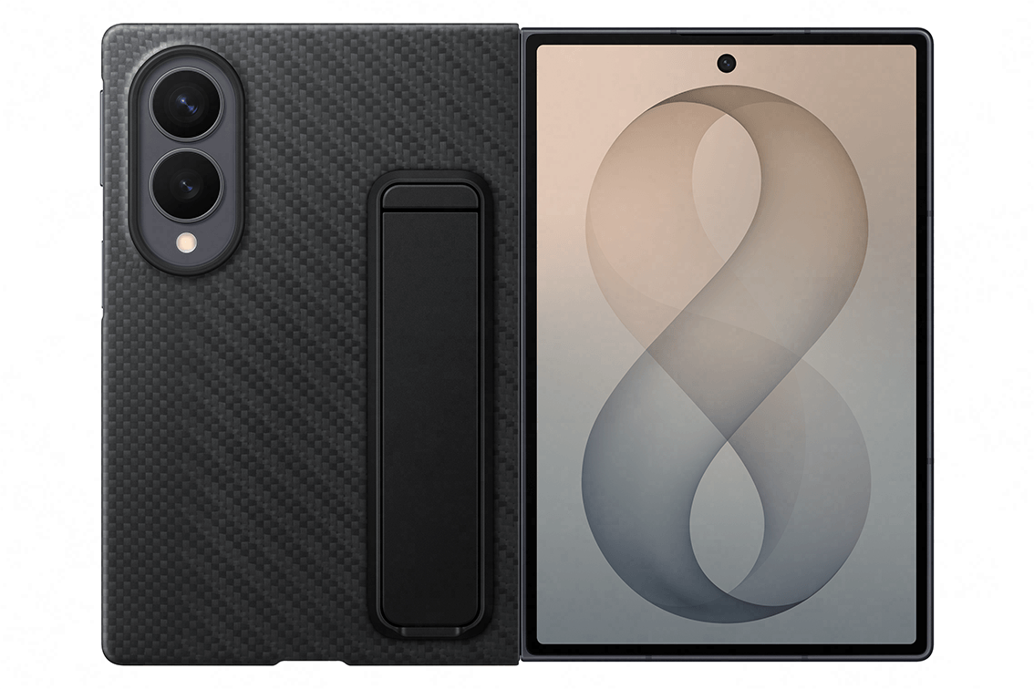 Telefon Galaxy Z Fold8 z nałożonym czarnym karbonowym Etui Obraz przedstawia czarne etui z teksturą karbonową, z wbudowaną podpórką, zamontowane na urządzeniu z wyświetlaczem pokazującym abstrakcyjny wzór w kształcie cyfry 8.