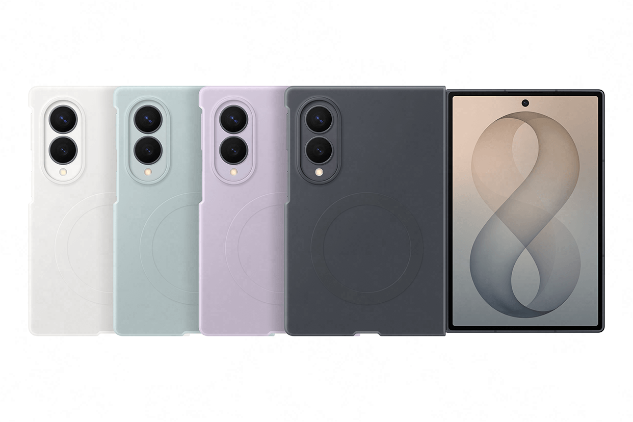 Telefon Galazy Z Fold8 z prezentacją etui w kolorach czarnym, fioletowym, kremowym, niebieskim Na obrazie widoczne są cztery etui na telefon w różnych kolorach: białym, zielonym, fioletowym i czarnym, obok wyświetlacza z grafiką przedstawiającą cyfrę osiem. Etui mają wycięcia na podwójne obiektywy aparatu.