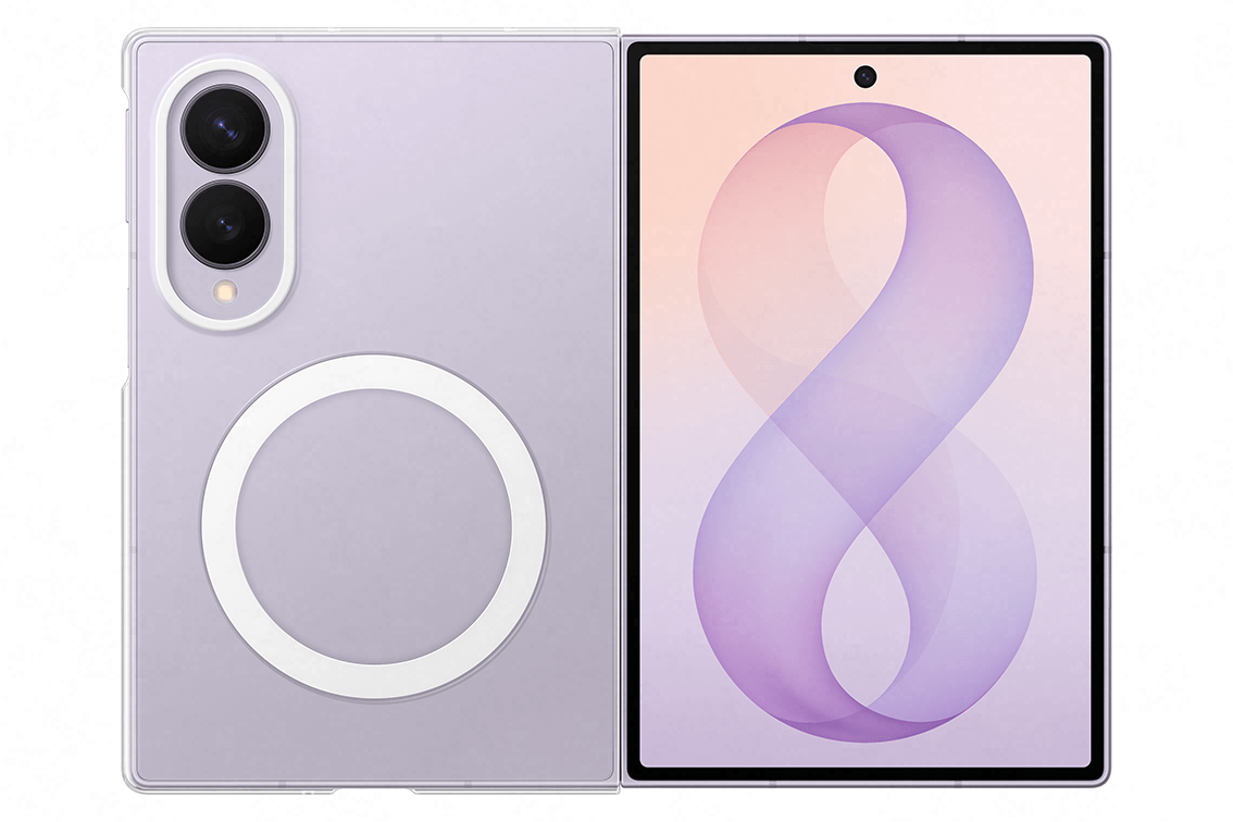 Galaxy Z Fold8 z nałożonym przezroczystym magnetycznym etui Obraz przedstawia przezroczyste etui na telefon z widocznym okrągłym wzorem oraz telefon z wyświetlaczem pokazującym fioletową ósemkę na jasnym tle.