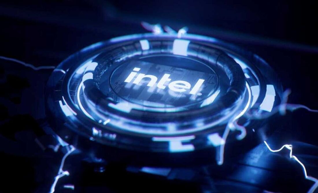 Obraz przedstawia logo \'intel\' na futurystycznym, niebieskim tle z efektem świetlnym.