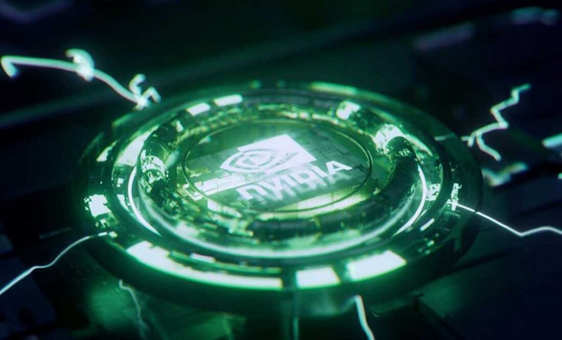 Obraz przedstawia okrągły, zielony element z logo NVIDIA, otoczony świetlnymi efektami przypominającymi błyskawice.