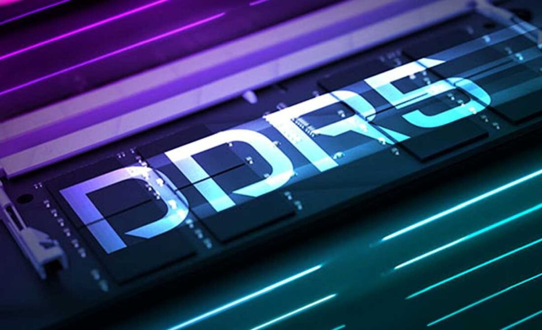 Obraz przedstawia moduł pamięci RAM z napisem \'DDR5\'. W tle widoczne są kolorowe, neonowe linie świetlne.