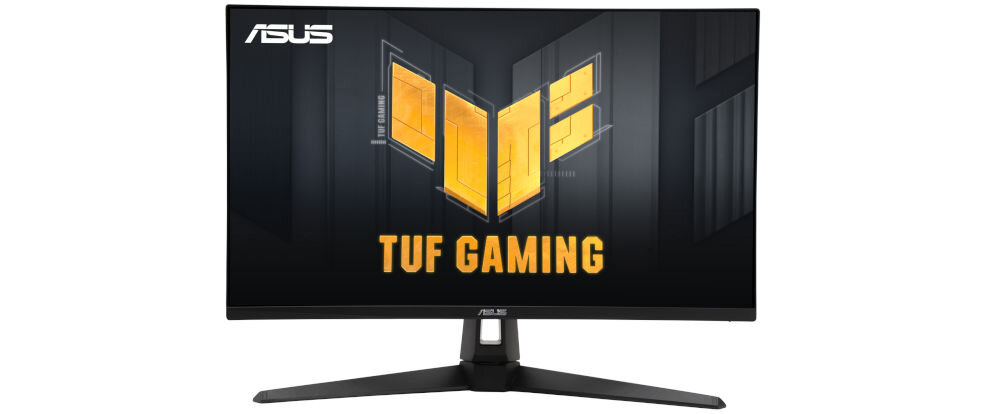 Monitor z logo ASUS w lewym górnym rogu i napisem TUF Gaming na środku ekranu. Ekran wyświetla grafikę z żółtym logo TUF na ciemnym tle.