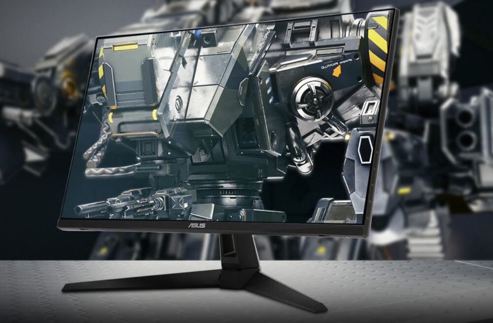 Monitor z wyświetlaczem przedstawiającym szczegółowy obraz futurystycznego robota. Na ramce monitora widoczne jest logo \'ASUS\'.