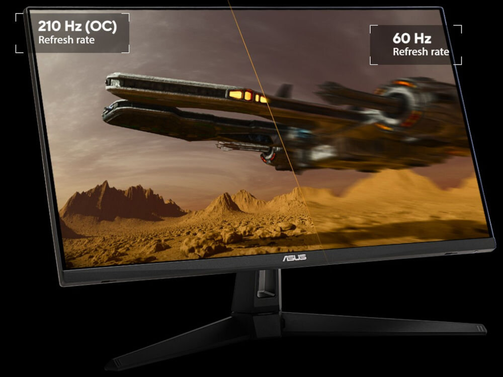 Monitor ASUS z wyświetlanym obrazem przedstawiającym krajobraz z pojazdem kosmicznym. Na ekranie widoczne są napisy: \'210 Hz (OC) Refresh rate\' oraz \'60 Hz Refresh rate\'.