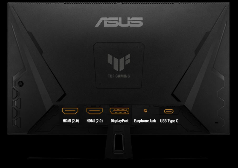 Tył monitora z widocznymi portami: HDMI (2.0), HDMI (2.0), DisplayPort, Earphone Jack, USB Type-C. Na obudowie widoczne są napisy \'ASUS\' i \'TUF GAMING\'.