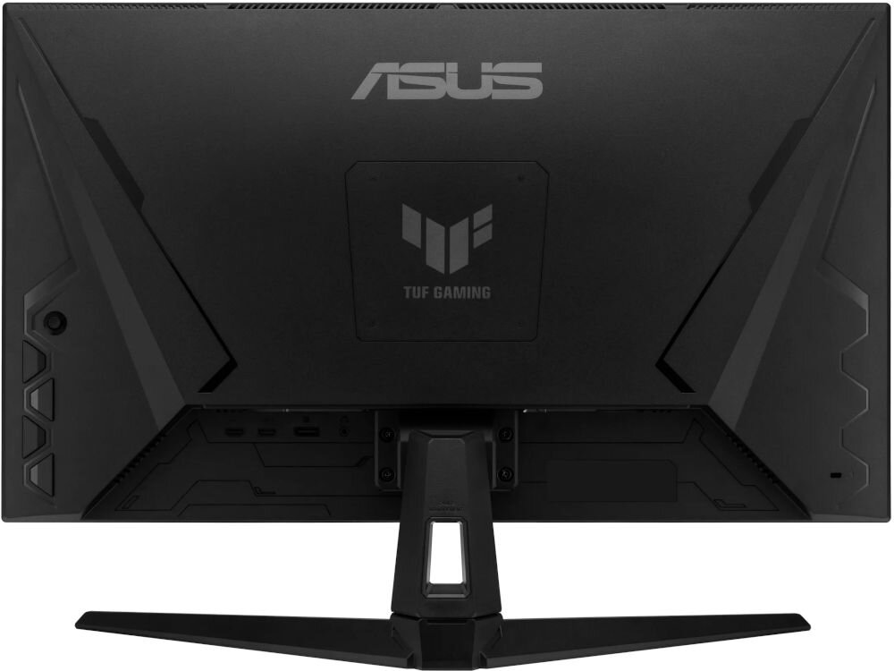 Tył czarnego monitora z widocznym logo \'ASUS\' oraz napisem \'TUF GAMING\'. Monitor ma geometryczne wzory i solidną podstawę.