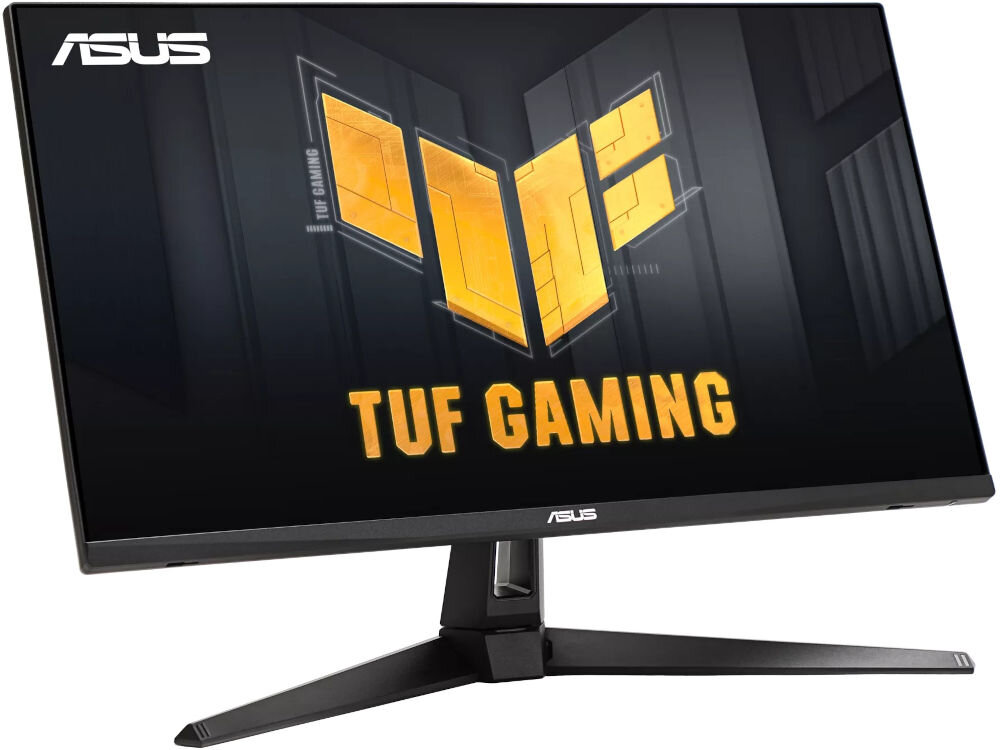 Monitor z logo ASUS na obudowie, wyświetlający grafikę z napisem \'TUF GAMING\'.