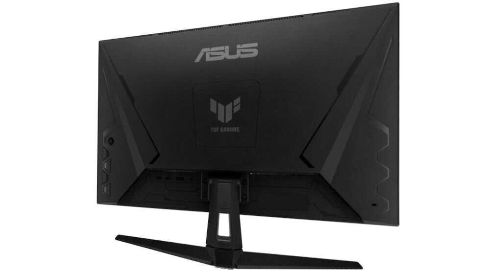 Czarny monitor z logo \'ASUS\' na górze i \'TUF GAMING\' poniżej. Monitor ma solidną podstawę i nowoczesny design z wyraźnymi liniami.