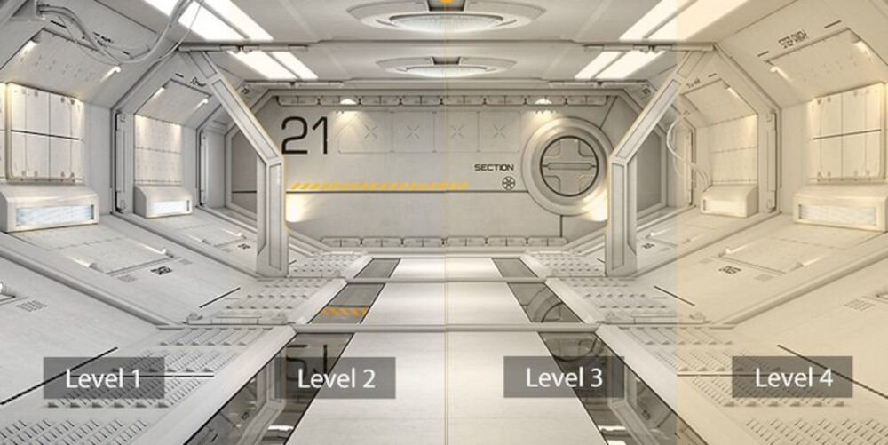 Wnętrze futurystycznego korytarza z oznaczeniem \'21\' i napisem \'SECTION\' na ścianie. Na podłodze widoczne są napisy \'Level 1\', \'Level 2\', \'Level 3\', \'Level 4\'.