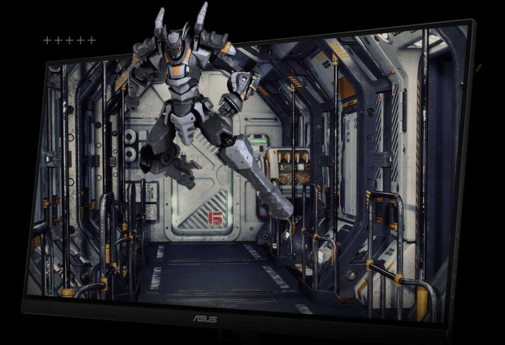 Monitor ASUS z wyświetlanym obrazem przedstawiającym futurystycznego robota w metalicznym korytarzu. Na ramce monitora widoczne jest logo ASUS.