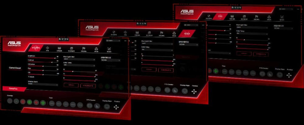Trzy ekrany menu ustawień z czerwonymi i czarnymi elementami graficznymi, z widocznym logo ASUS w lewym górnym rogu każdego ekranu.