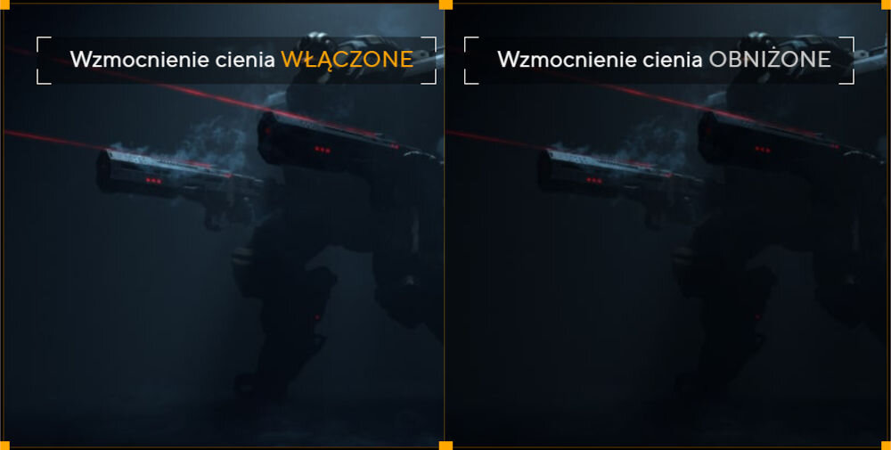Obraz podzielony na dwie części, przedstawiający ciemną sylwetkę robota z bronią i czerwonymi laserami. Po lewej stronie tekst \'Wzmocnienie cienia WŁĄCZONE\', po prawej \'Wzmocnienie cienia OBNIŻONE\'.