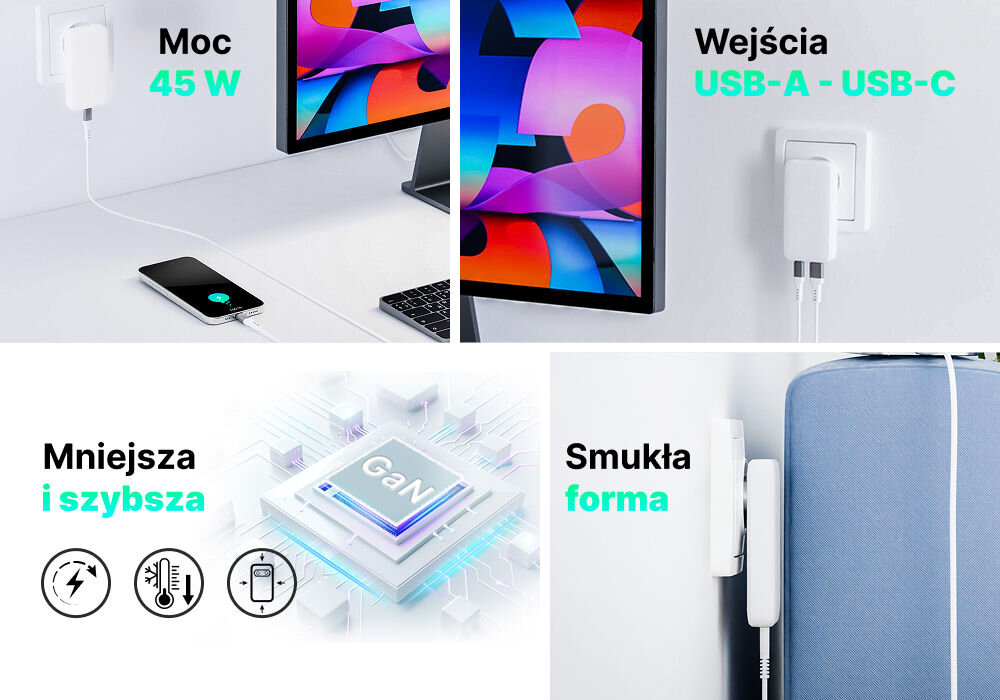 Obraz przedstawia ładowarkę sieciową podłączoną do gniazdka, z napisem \'Moc 45 W\' oraz \'Wejścia USB-A - USB-C\'. Dodatkowo widoczne są napisy \'Mniejsza i szybsza\', \'GaN\' oraz \'Smukła forma\'.