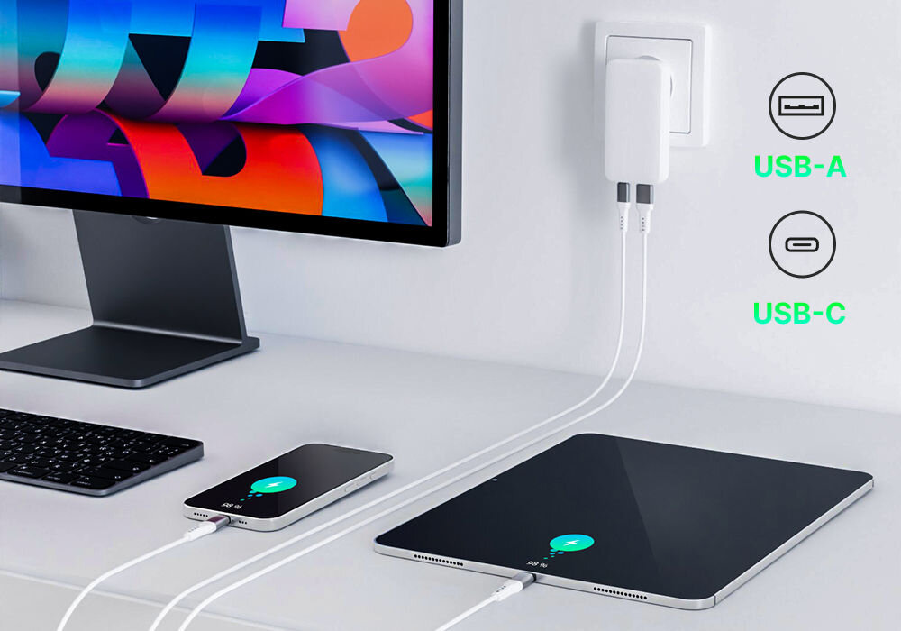 Na biurku znajduje się monitor, klawiatura, smartfon i tablet, które są podłączone do białej ładowarki sieciowej w gniazdku. Obok ładowarki widoczne są symbole USB-A i USB-C z podpisami.