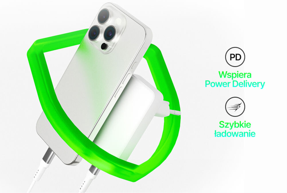 Na obrazie widoczny jest biały telefon z trzema aparatami oraz biała ładowarka sieciowa, otoczone zielonym kształtem. Obok znajdują się napisy: \'PD Wspiera Power Delivery\' oraz \'Szybkie ładowanie\'.